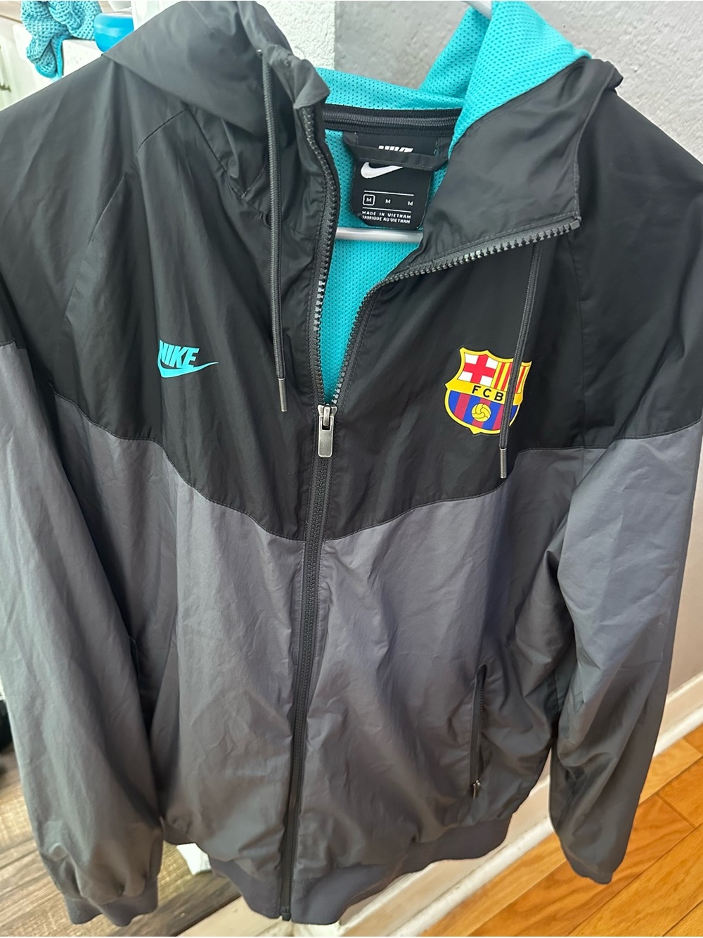 Nike Black FC Barca Jacket with Teal Interior and Teal Hood Lining